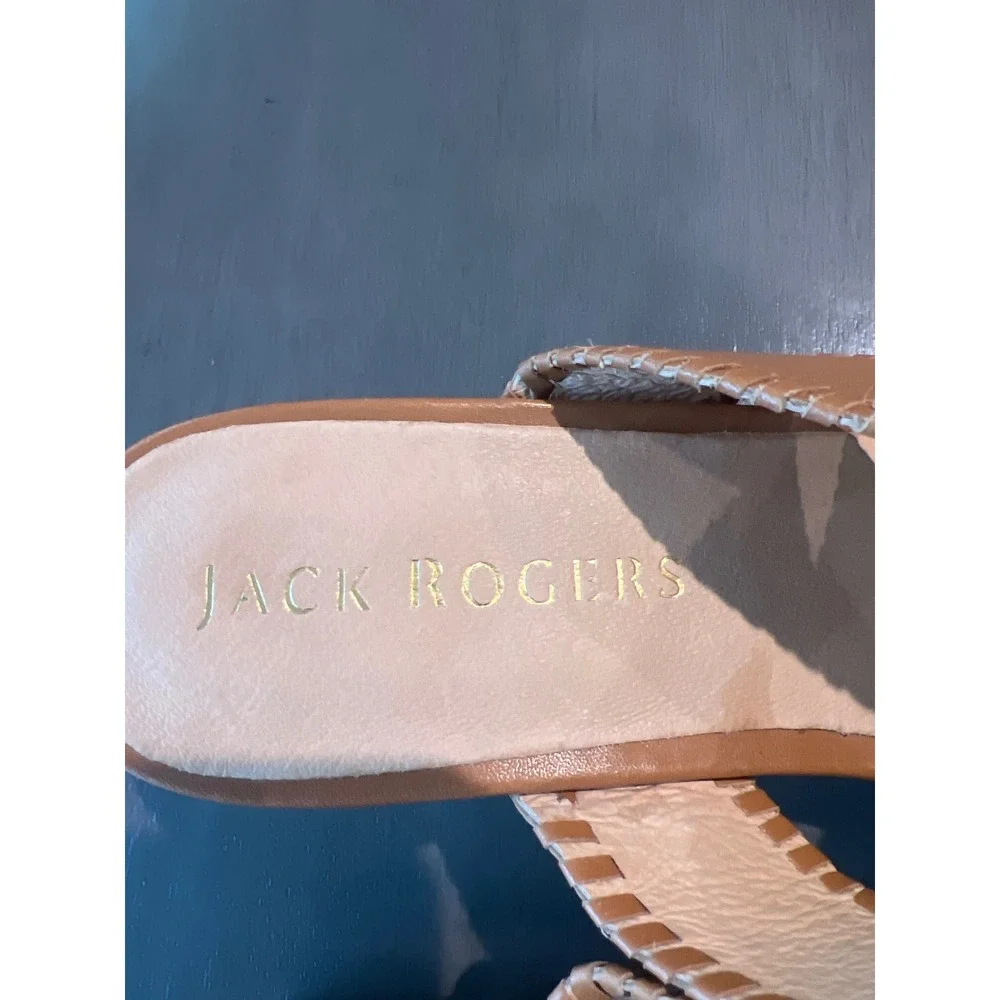 Jack Rogers Womens Tan Leather Whipstitch Wedge Sandals‎ Slides Size 9M Boho